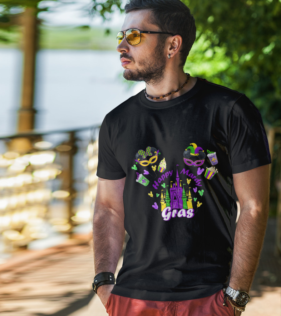 Happy Mardi Gras Castle Celebration With Mask And Snack Icons T-Shirt