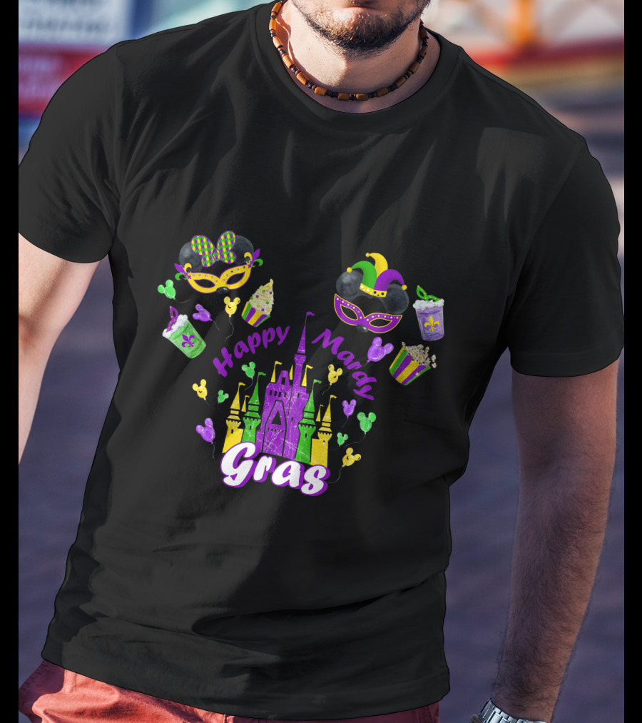 Happy Mardi Gras Castle Celebration With Mask And Snack Icons T-Shirt