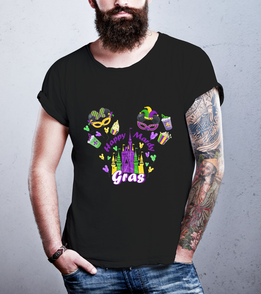 Happy Mardi Gras Castle Celebration With Mask And Snack Icons T-Shirt