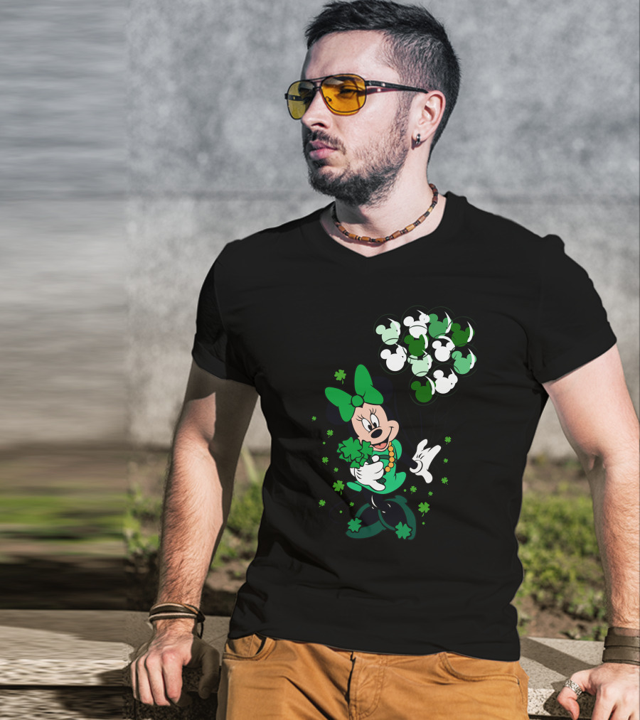 Minnie Mouse St. Patrick's Day With Shamrocks And Green Balloons T-Shirt