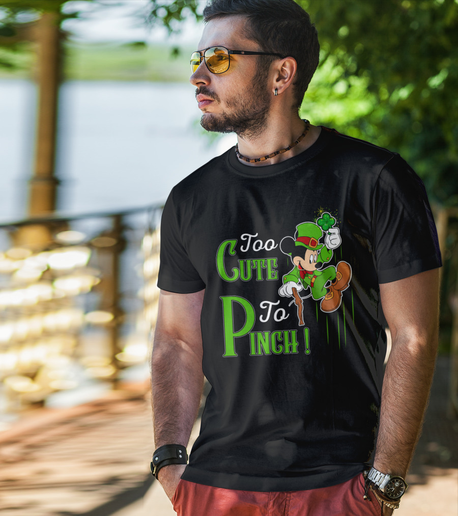 Too Cute To Pinch Leprechaun Character With Shamrock And Walking Stick T-Shirt