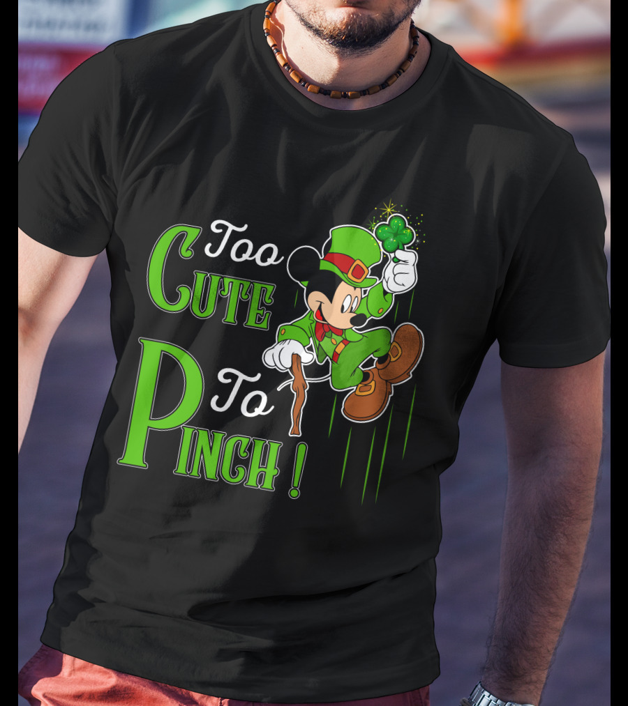 Too Cute To Pinch Leprechaun Character With Shamrock And Walking Stick T-Shirt