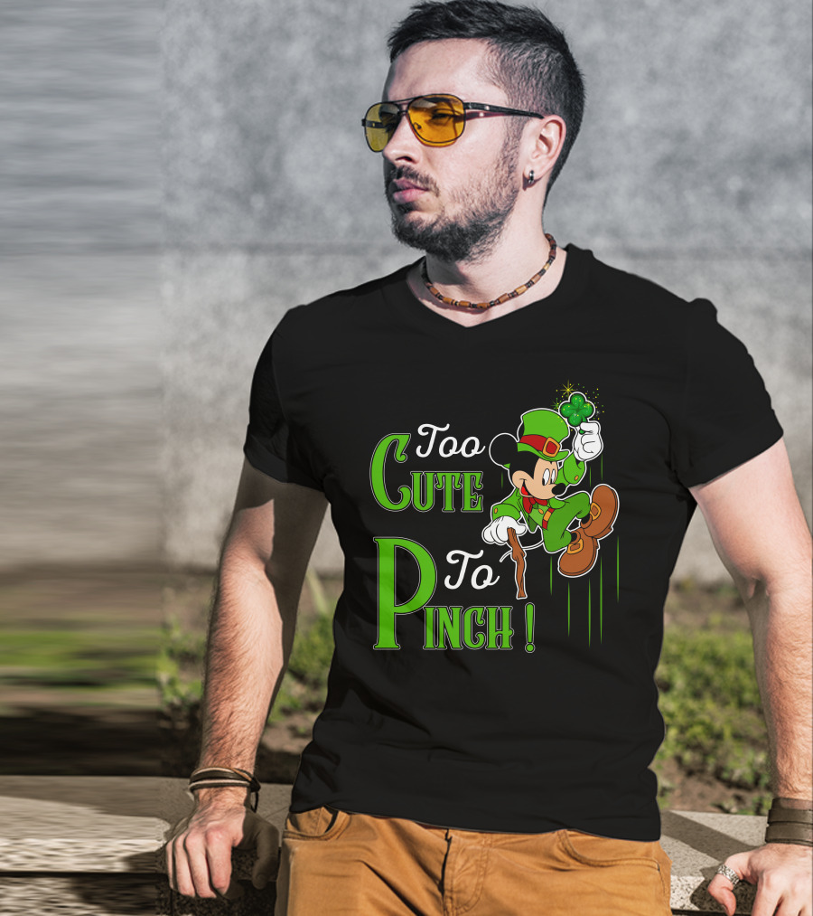 Too Cute To Pinch Leprechaun Character With Shamrock And Walking Stick T-Shirt