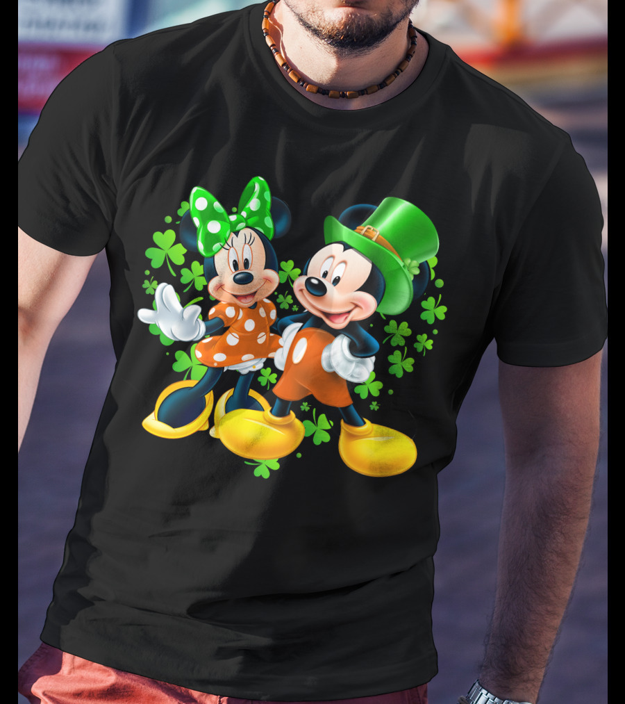 Mickey And Minnie With Shamrocks In Green And Orange Outfits T-Shirt