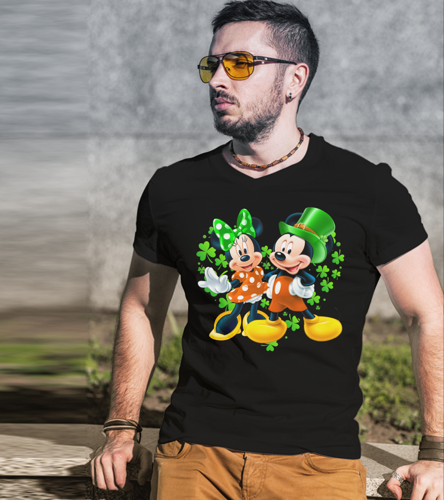 Mickey And Minnie With Shamrocks In Green And Orange Outfits T-Shirt