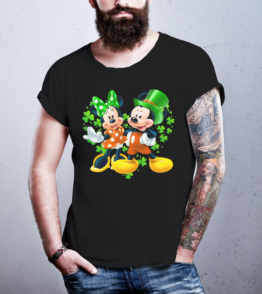 Mickey And Minnie With Shamrocks In Green And Orange Outfits T-Shirt