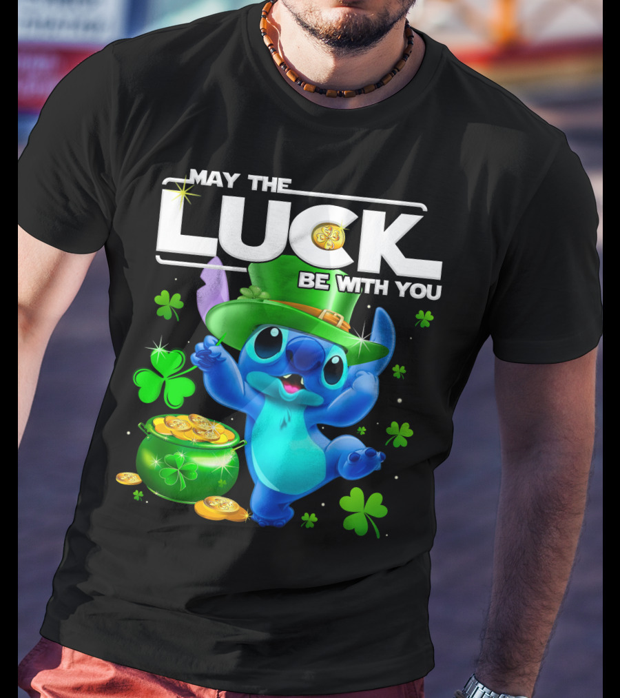 May The Luck Be With You Stitch Leprechaun Clover Coins T-Shirt