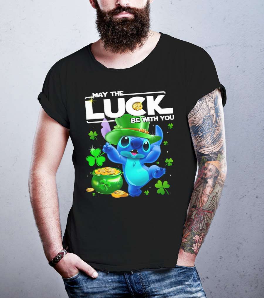 May The Luck Be With You Stitch Leprechaun Clover Coins T-Shirt