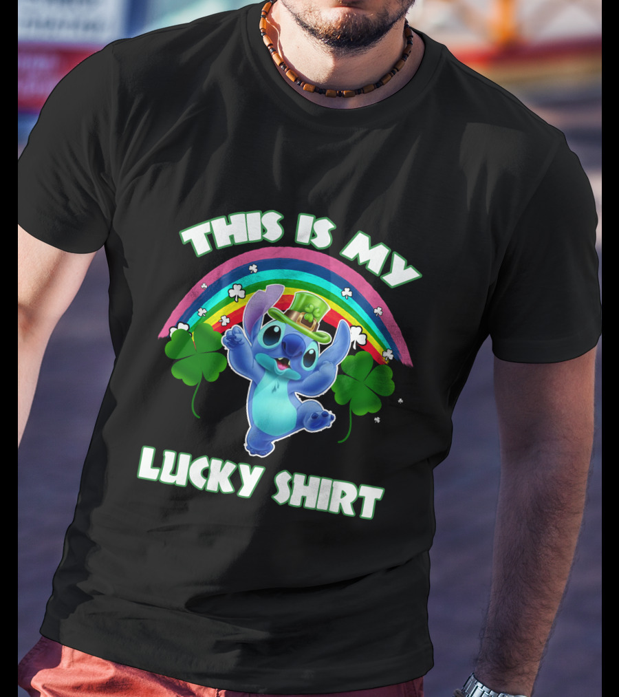 This Is My Lucky Shirt Stitch Leprechaun Clover Rainbow T-Shirt