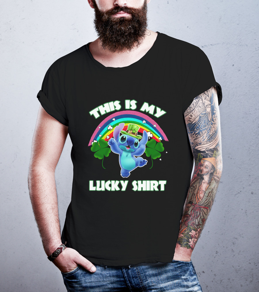 This Is My Lucky Shirt Stitch Leprechaun Clover Rainbow T-Shirt