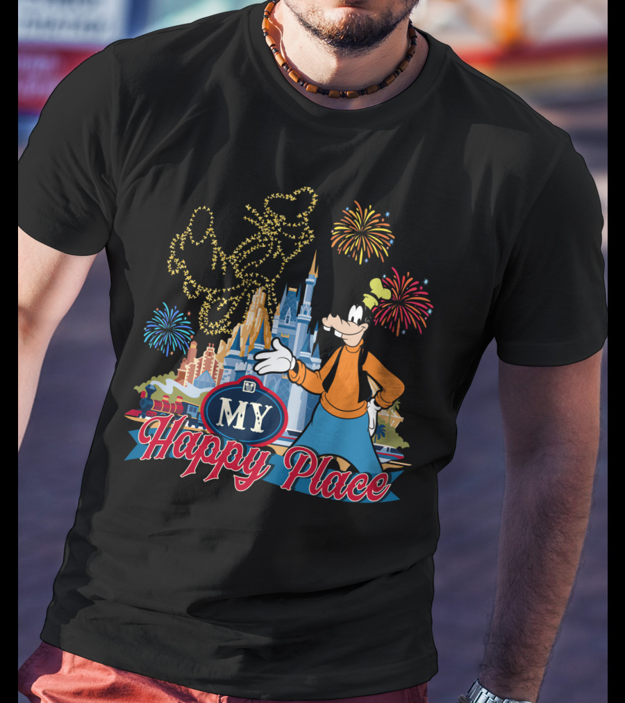 Goofy My Happy Place Fireworks Castle T-Shirt
