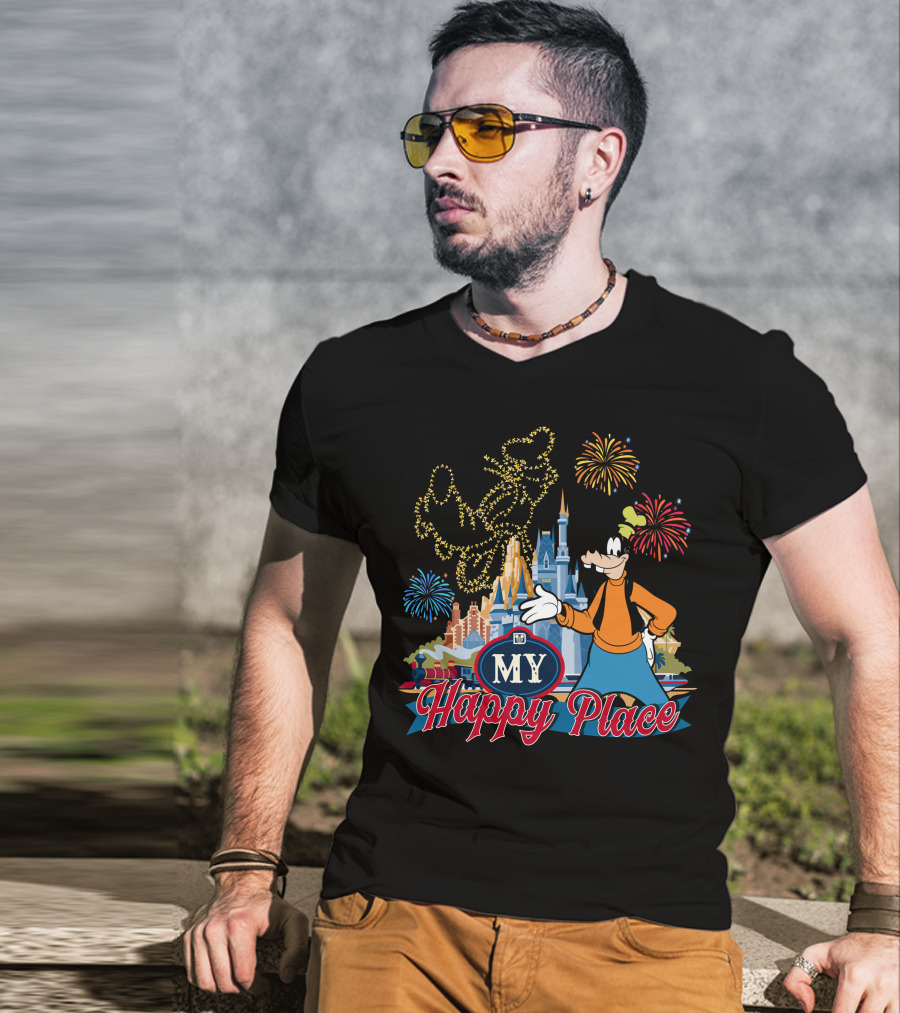 Goofy My Happy Place Fireworks Castle T-Shirt