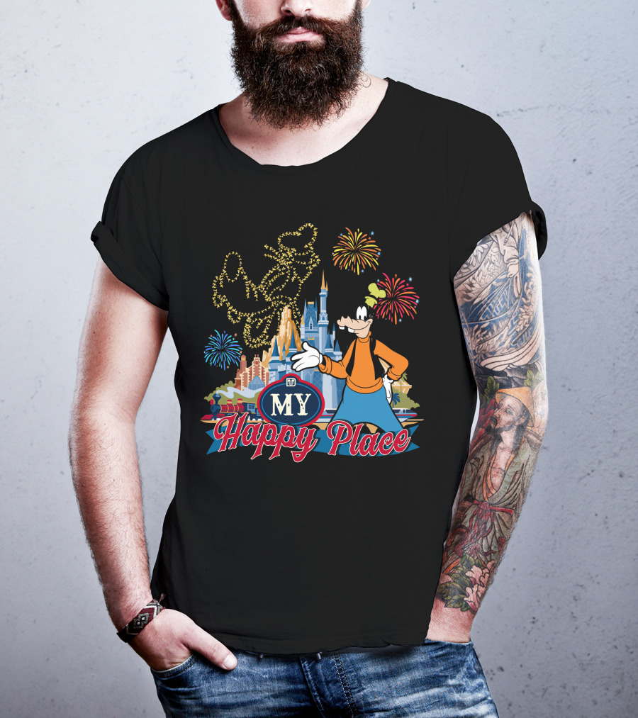 Goofy My Happy Place Fireworks Castle T-Shirt