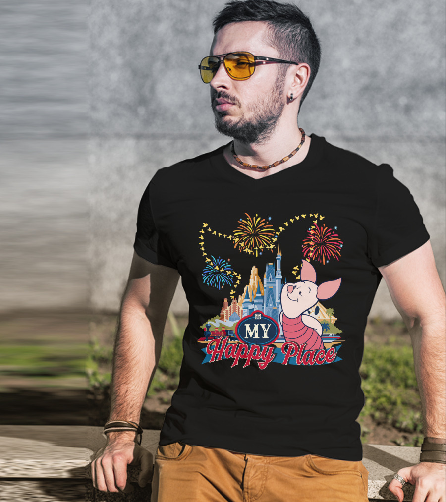 Piglet My Happy Place Fireworks Castle T-Shirt