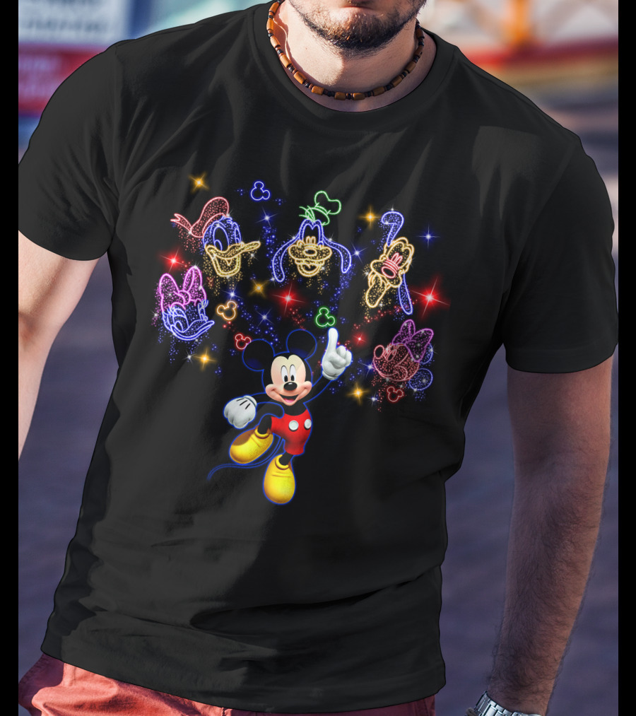 Mickey Neon Disney Friends Stars Donald Goofy Pluto Daisy Minnie T-Shirt