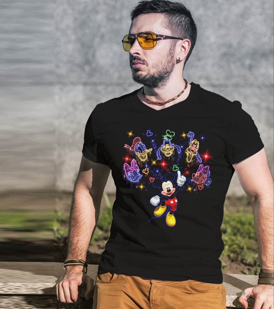 Mickey Neon Disney Friends Stars Donald Goofy Pluto Daisy Minnie T-Shirt