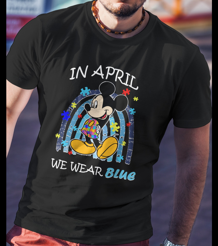 In April We Wear Blue Mickey Puzzle Autism Awareness T-Shirt