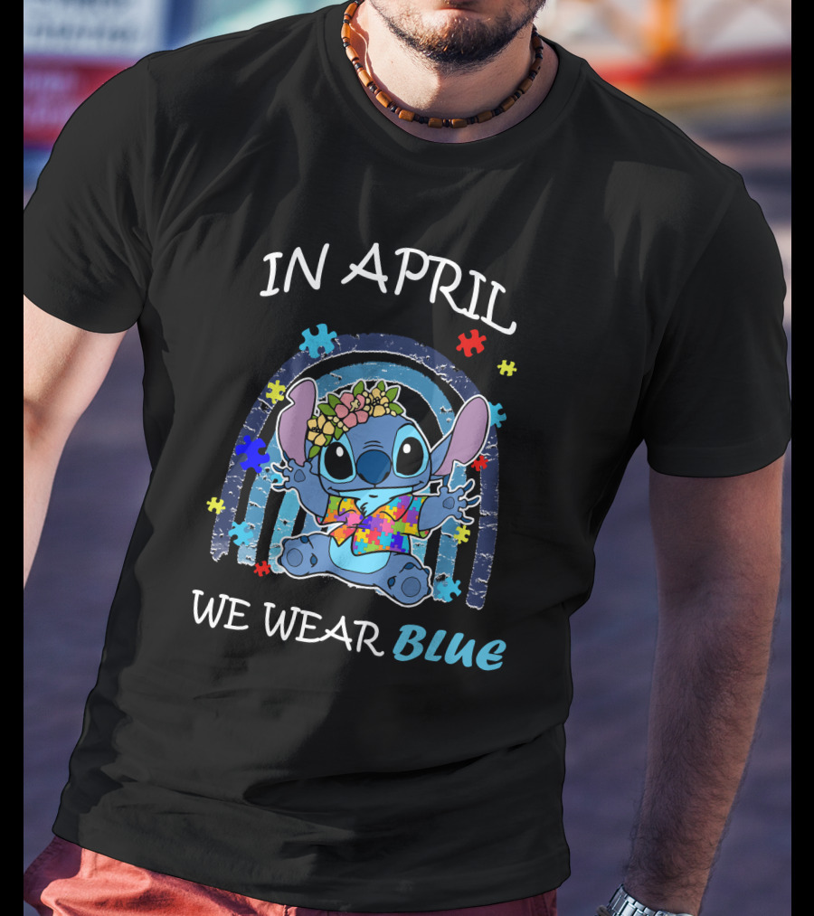 In April We Wear Blue Stitch Puzzle Rainbow T-Shirt
