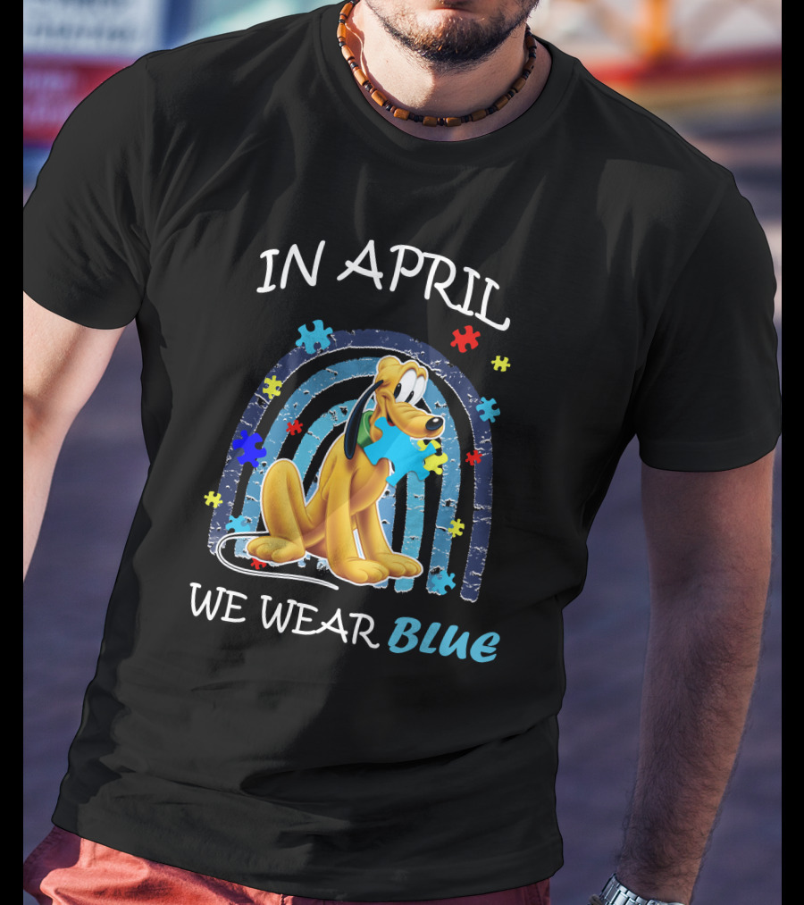In April We Wear Blue Pluto Puzzle Autism Awareness T-Shirt