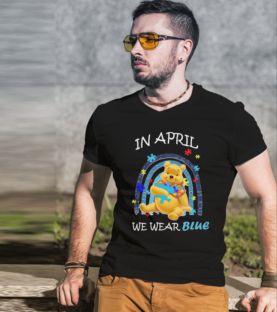 In April We Wear Blue Pooh Puzzle Autism Awareness T-Shirt