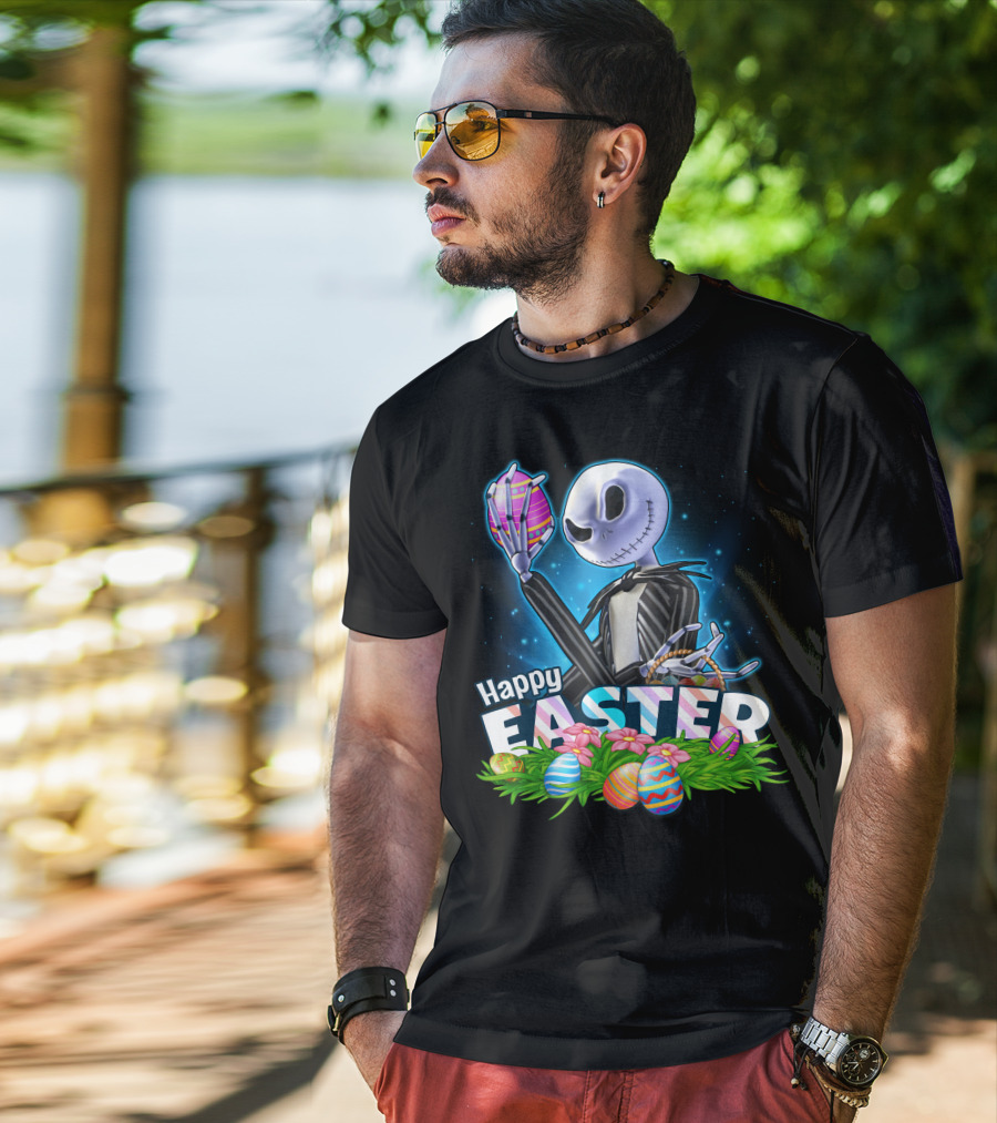 JACK SKELLINGTON Happy Easter With Colorful Eggs And Flowers T-Shirt