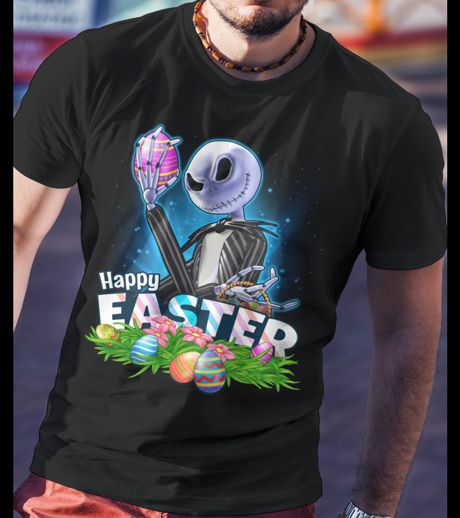 JACK SKELLINGTON Happy Easter With Colorful Eggs And Flowers T-Shirt