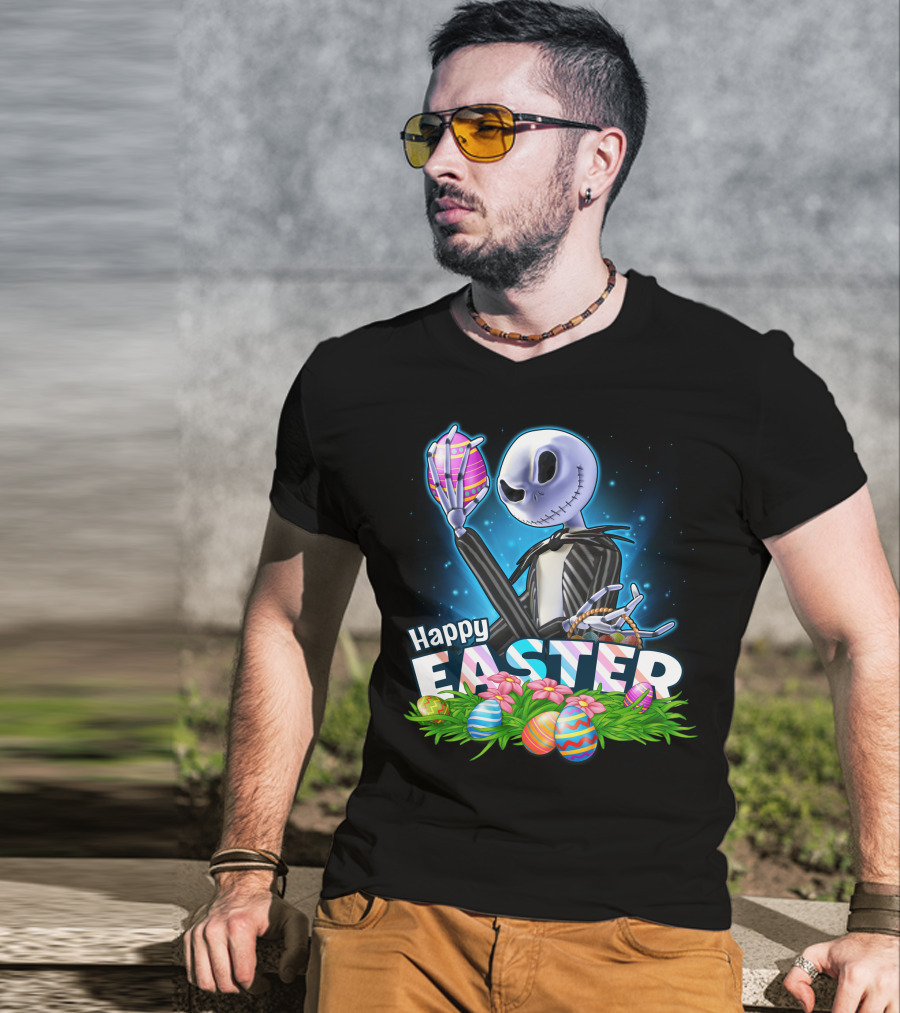 JACK SKELLINGTON Happy Easter With Colorful Eggs And Flowers T-Shirt