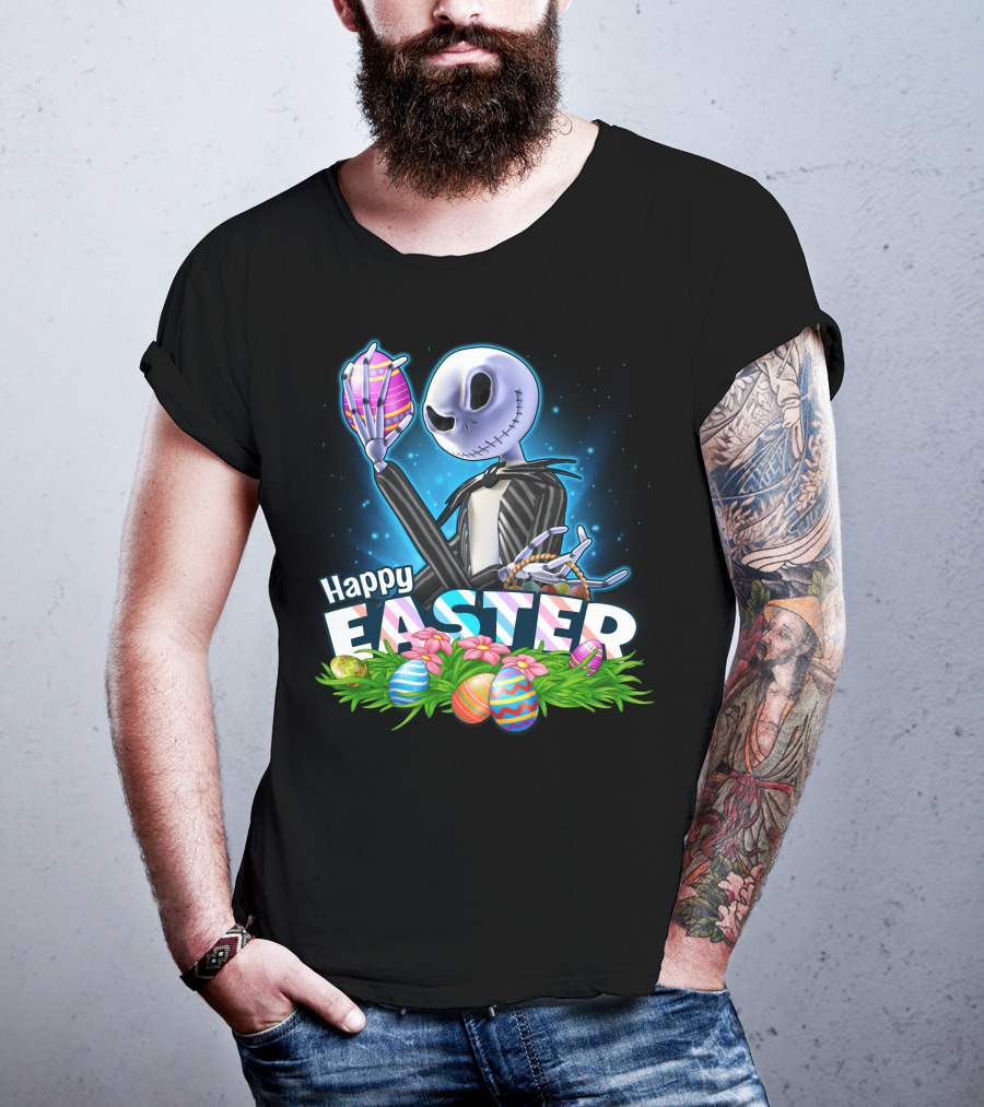 JACK SKELLINGTON Happy Easter With Colorful Eggs And Flowers T-Shirt