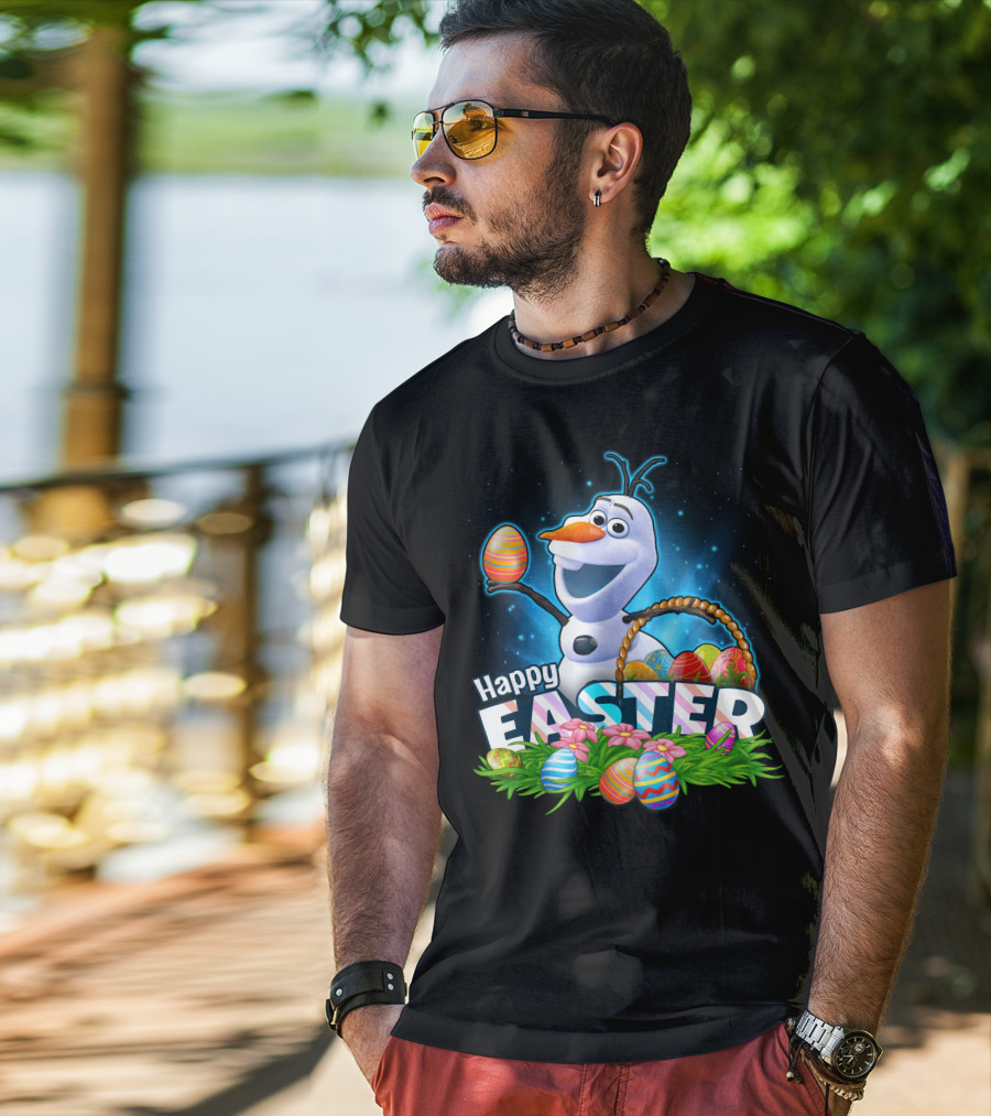 Happy Easter Olaf With Colorful Eggs And Basket T-Shirt