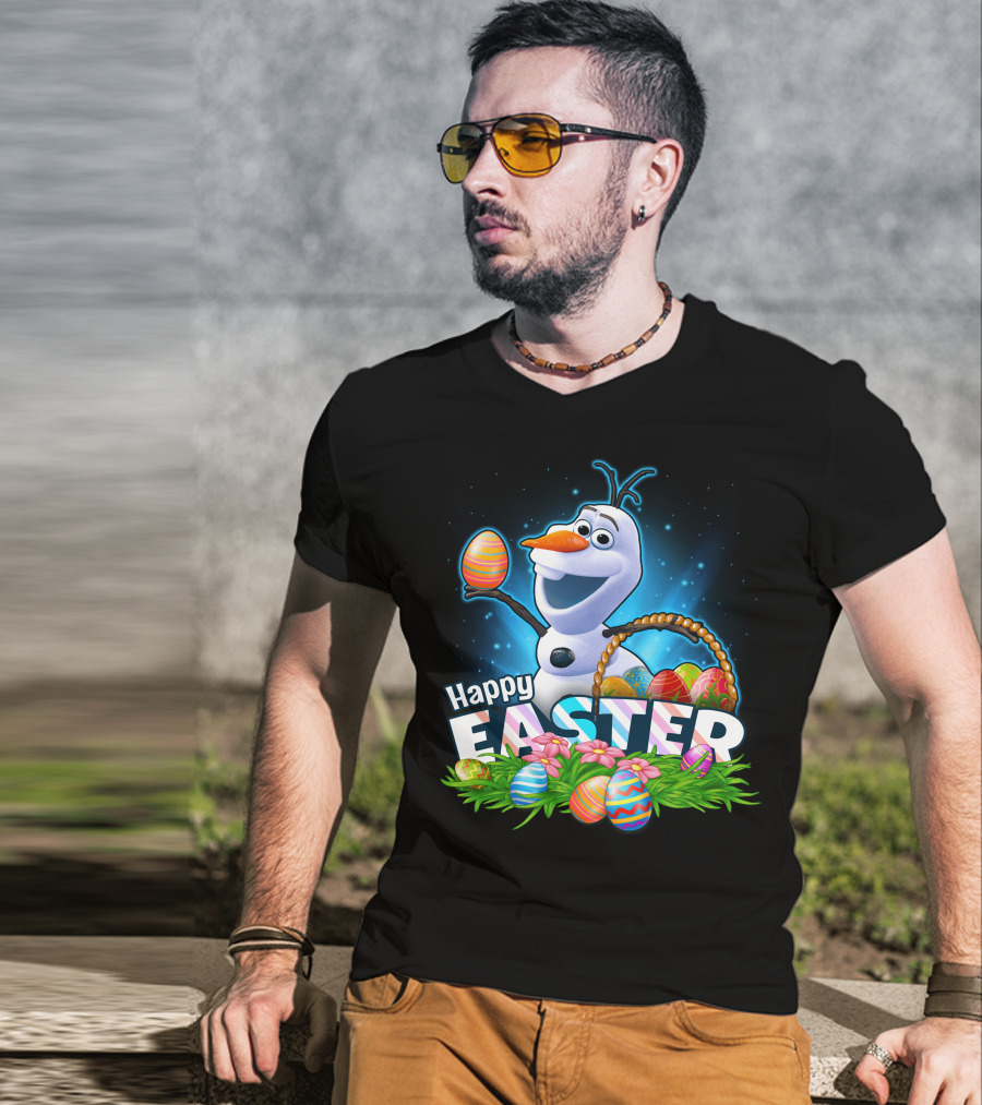 Happy Easter Olaf With Colorful Eggs And Basket T-Shirt
