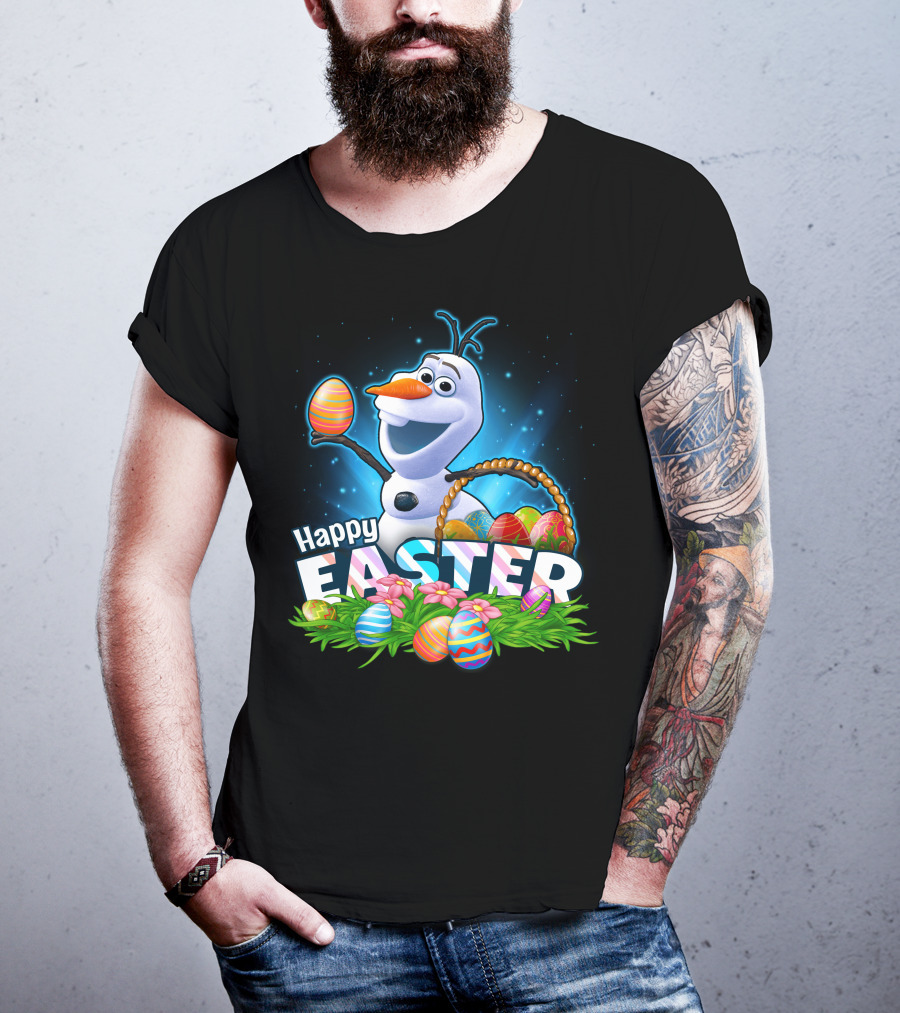 Happy Easter Olaf With Colorful Eggs And Basket T-Shirt