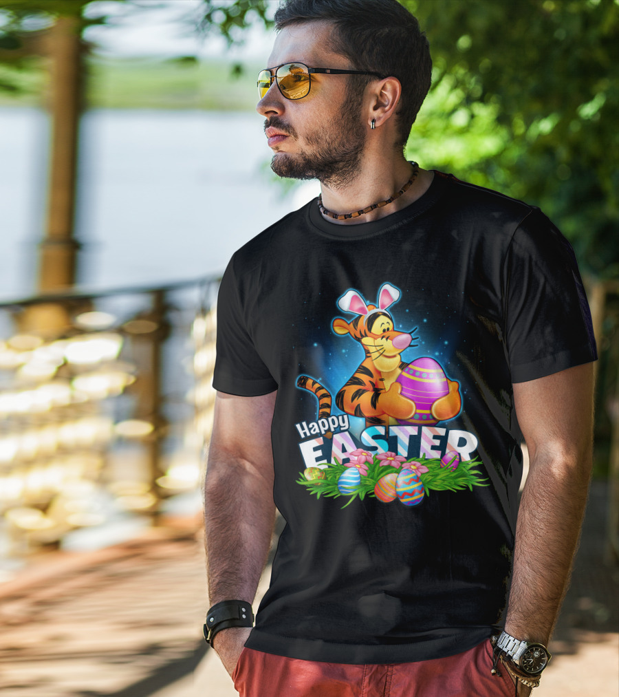 Happy Easter Tigger With Colorful Eggs And Bunny Ears T-Shirt