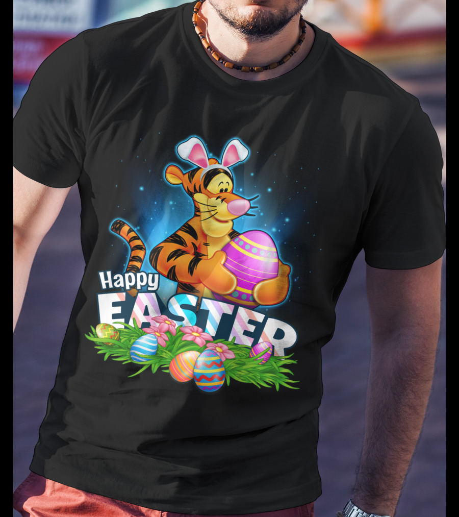 Happy Easter Tigger With Colorful Eggs And Bunny Ears T-Shirt