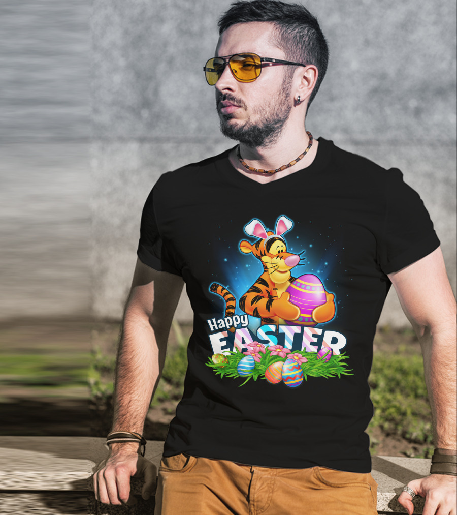 Happy Easter Tigger With Colorful Eggs And Bunny Ears T-Shirt
