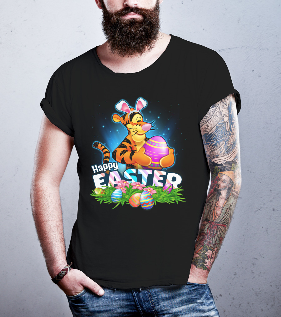 Happy Easter Tigger With Colorful Eggs And Bunny Ears T-Shirt