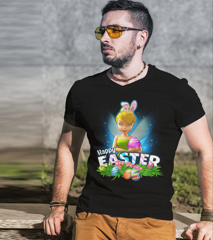 TINKER BELL Happy Easter With Colorful Eggs And Flowers T-Shirt