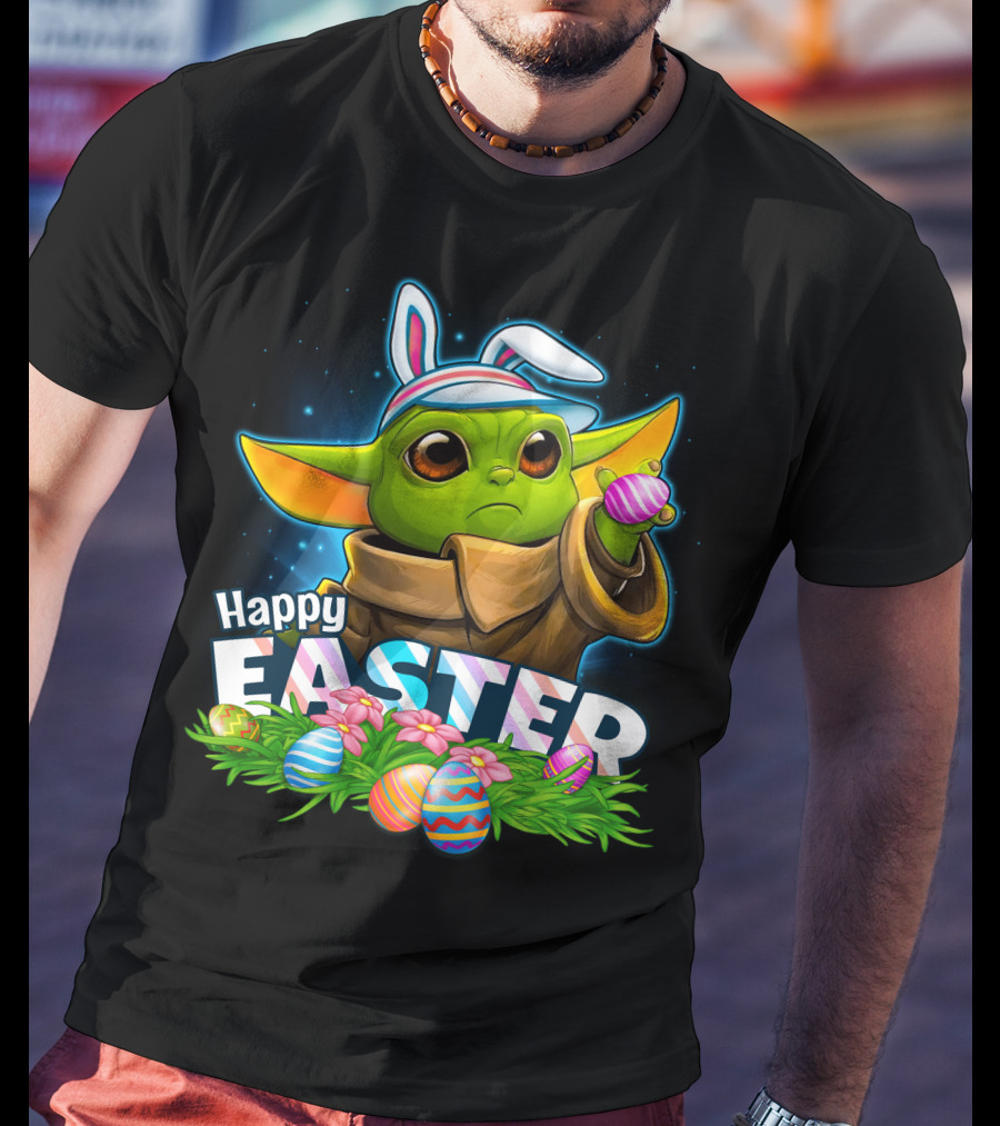Happy Easter Yoda Baby With Bunny Ears And Colorful Eggs T-Shirt