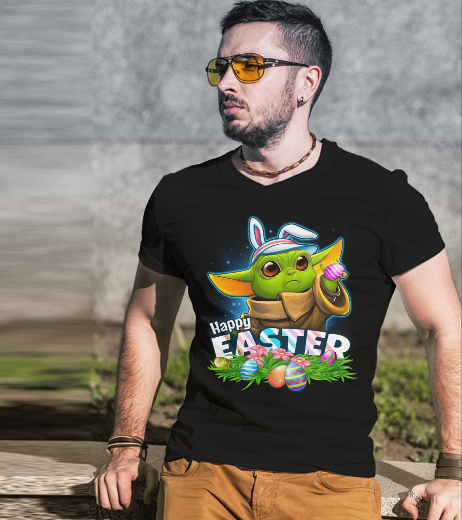 Happy Easter Yoda Baby With Bunny Ears And Colorful Eggs T-Shirt