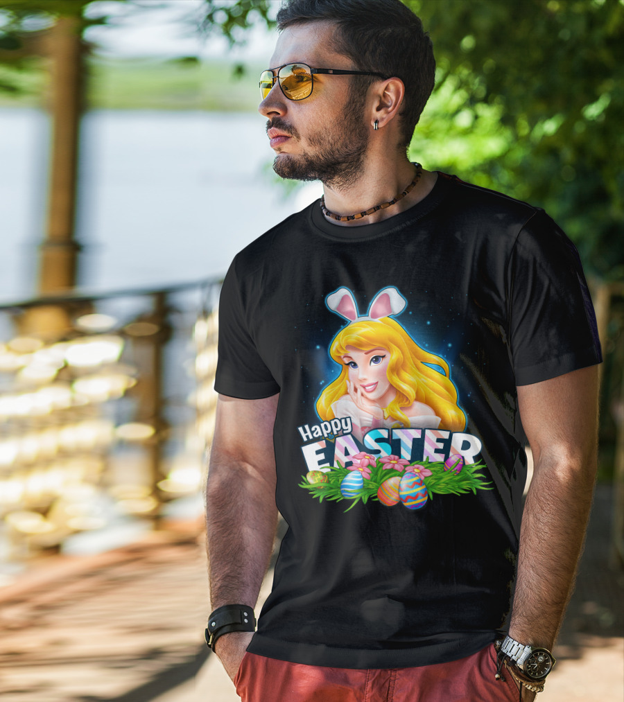 Happy Easter Aurora Bunny Ears With Colorful Eggs And Flowers T-Shirt