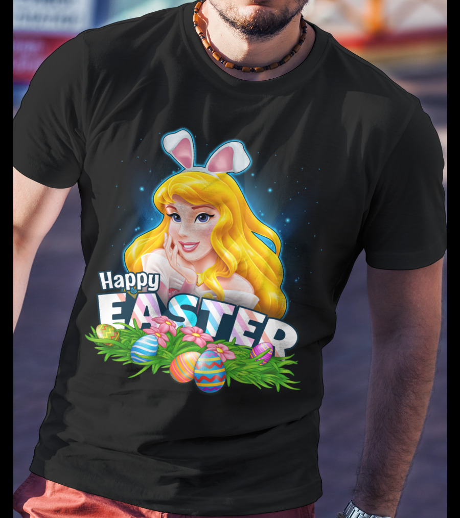 Happy Easter Aurora Bunny Ears With Colorful Eggs And Flowers T-Shirt