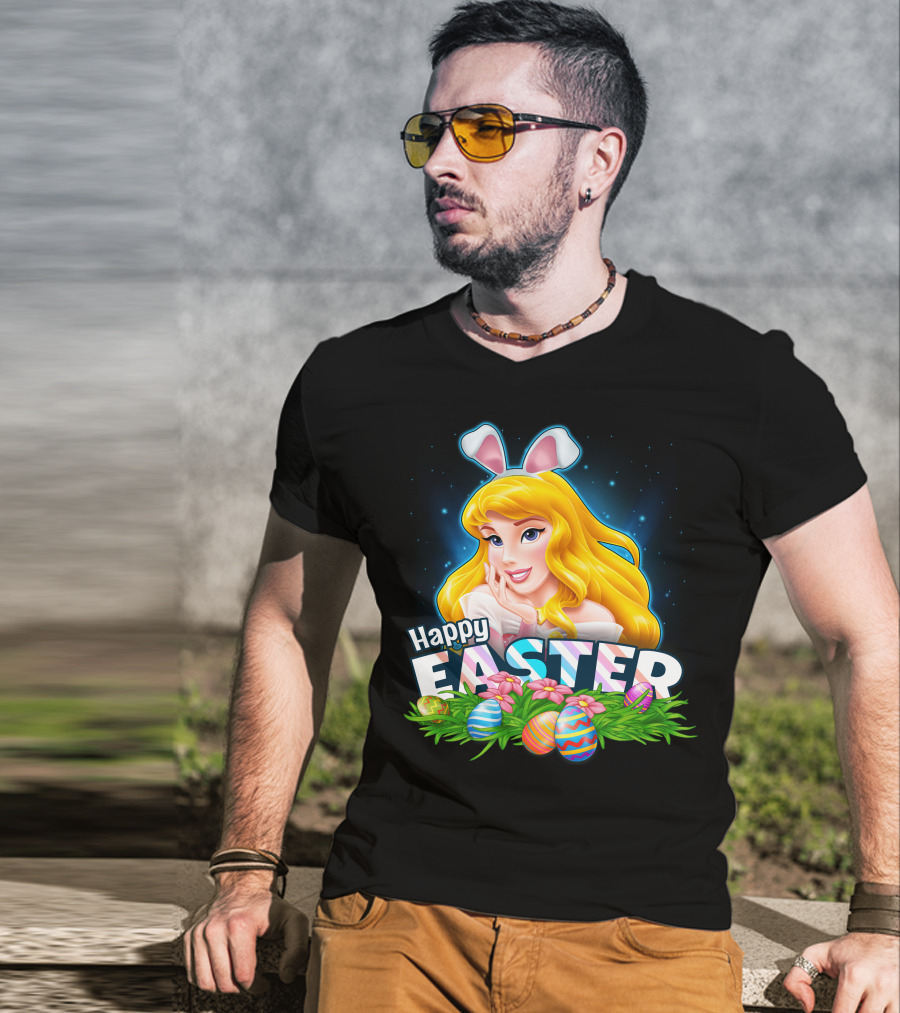 Happy Easter Aurora Bunny Ears With Colorful Eggs And Flowers T-Shirt