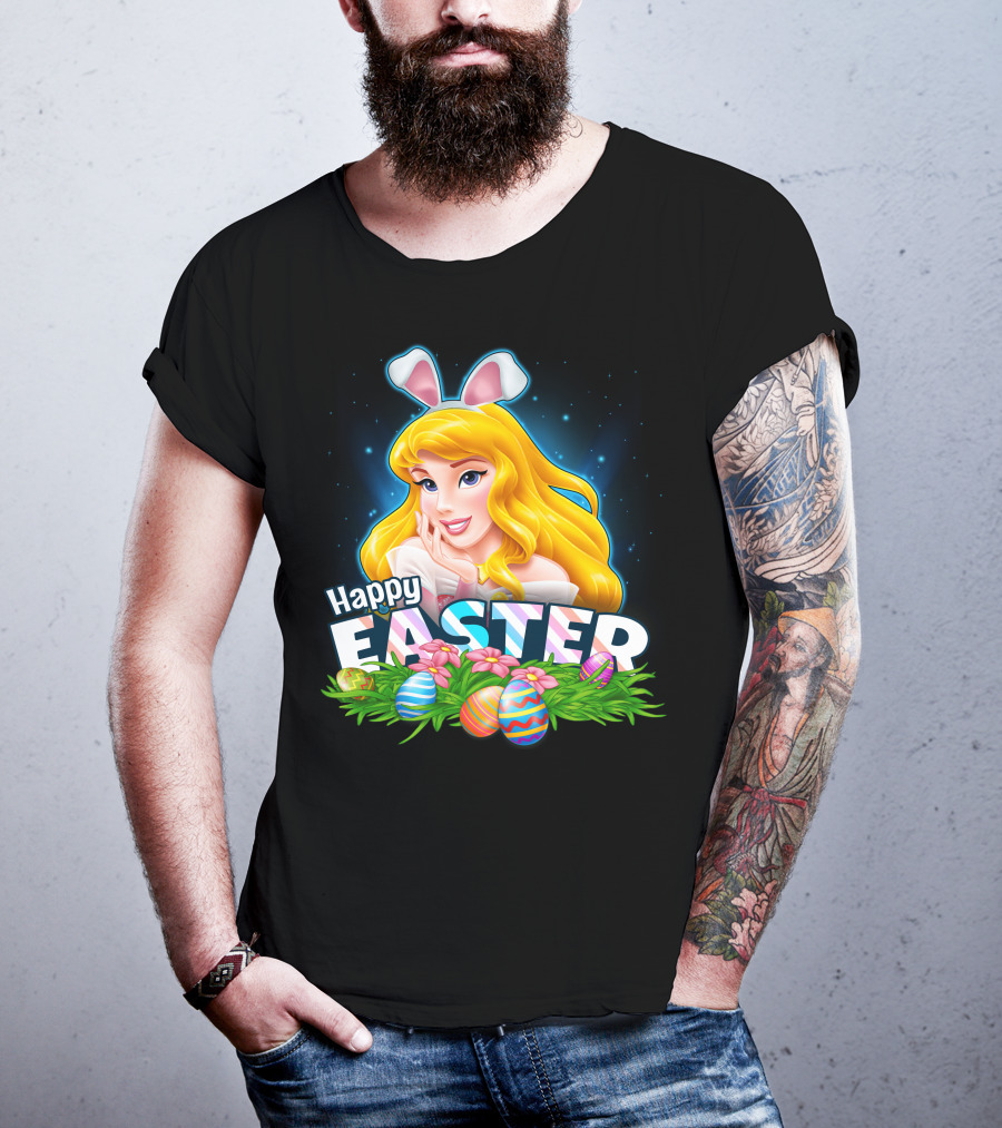 Happy Easter Aurora Bunny Ears With Colorful Eggs And Flowers T-Shirt