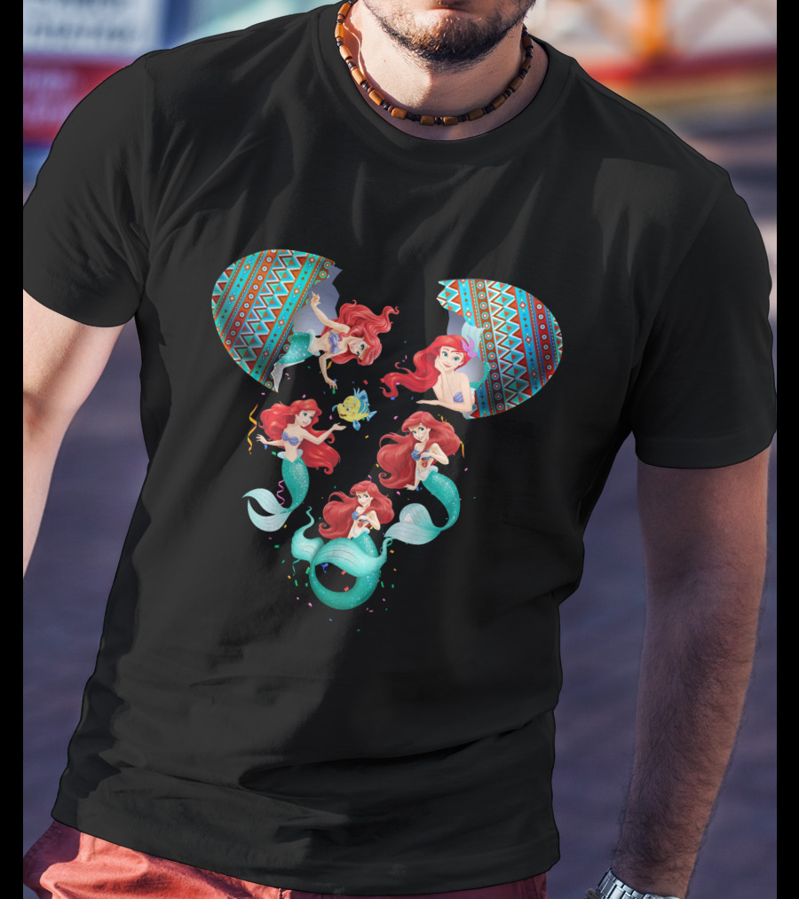 Mermaid Ariel And Friends In Colorful Tribal Pattern Inspired Disney Mouse Shape T-Shirt