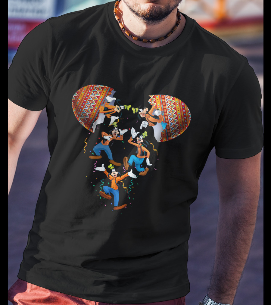 Goofy Dancing With Festive Confetti And Tribal T-Shirt