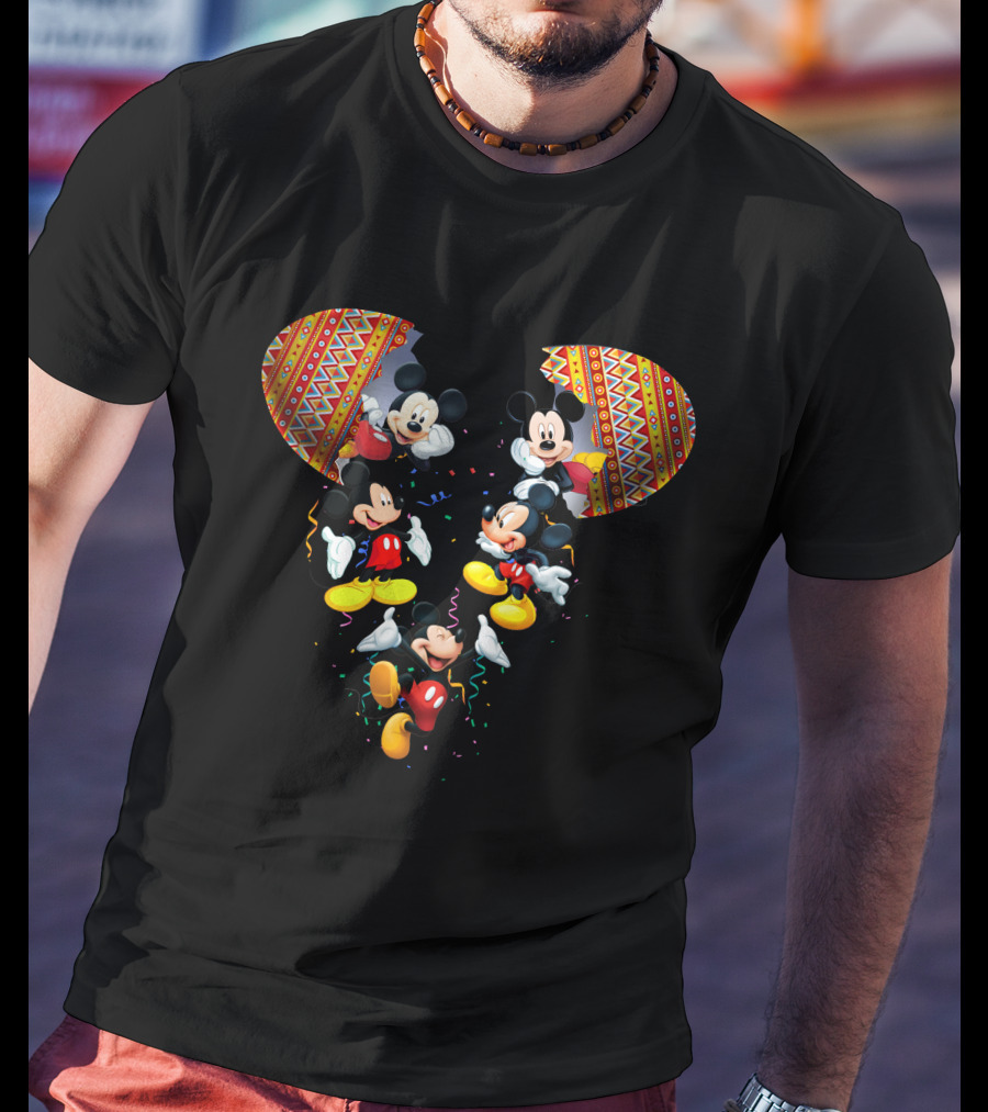 Mickey Mouse Colorful Festive Celebration Inside Aztec Pattern Ears T-Shirt