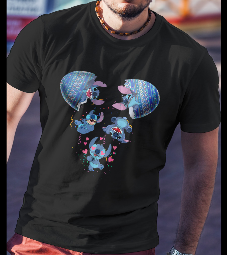 Stitch Erupting From Ornate Eggshell With Playful Expressions And Heart Confetti T-Shirt