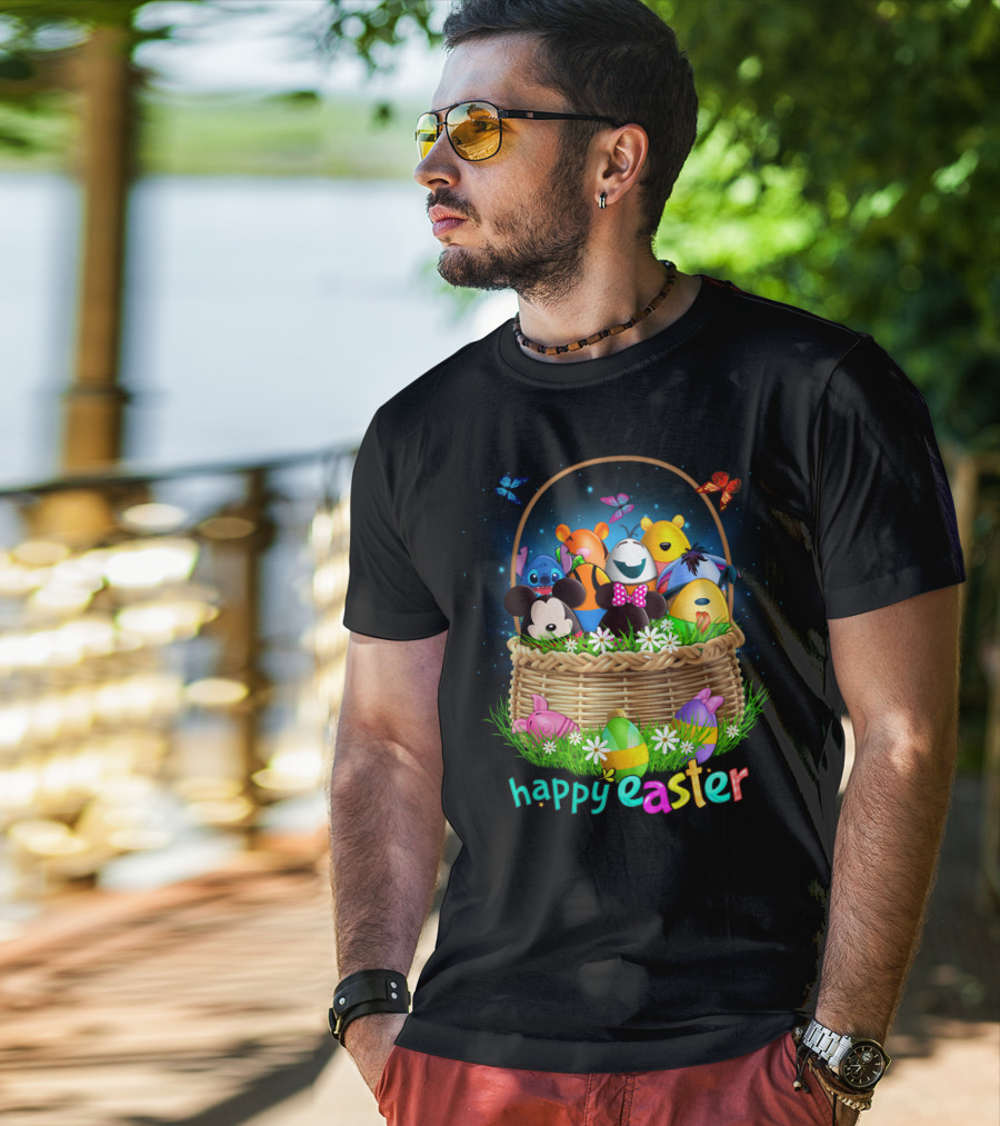 Happy Easter Basket With Colorful Eggs And Characters T-Shirt