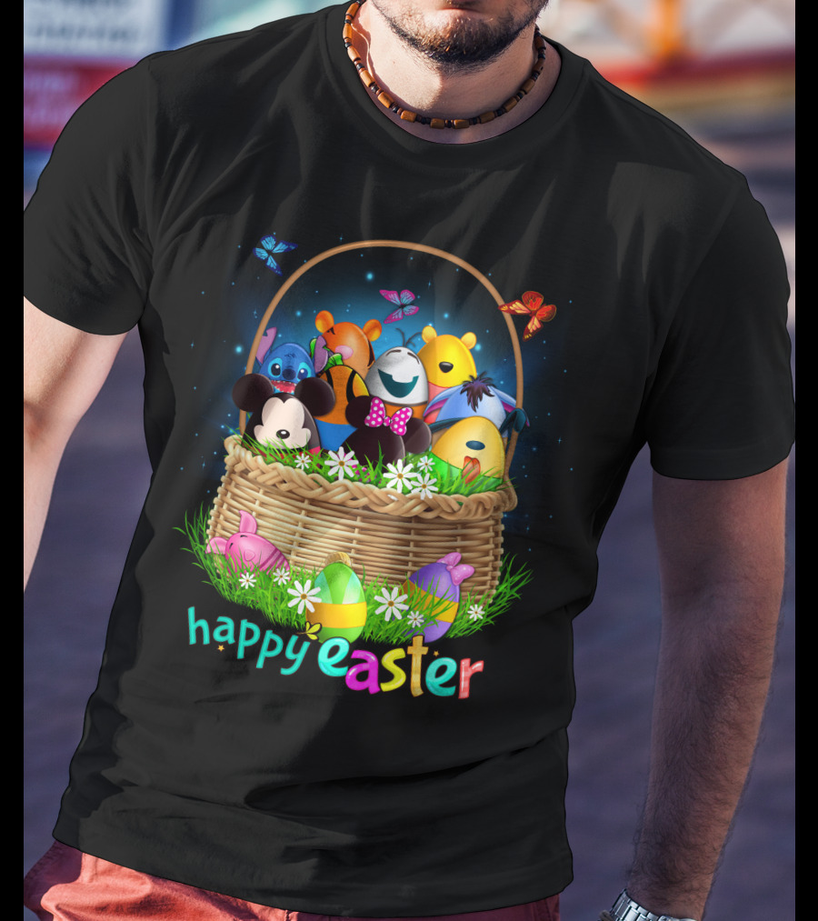 Happy Easter Basket With Colorful Eggs And Characters T-Shirt