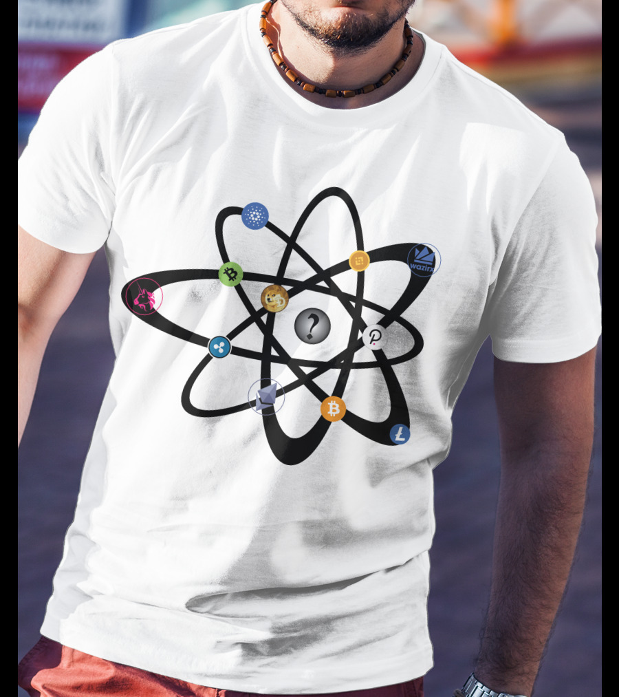Uniswap Cardano Binance Coin WazirX Polkadot XRP Dogecoin Ethereum Bitcoin Litecoin Cryptocurrency Icons Atom Structure T-Shirt