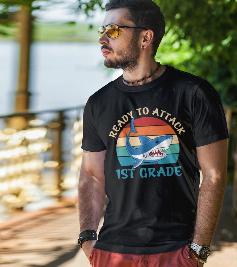 Ready To Attack 1st Grade Shark Retro Stripes T-Shirt